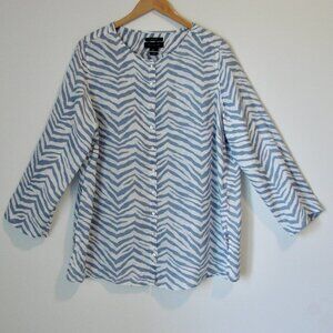 Linen Tunic Top Blue White Button Front Roll Tab Sleeves Tahari Plus Size 1X